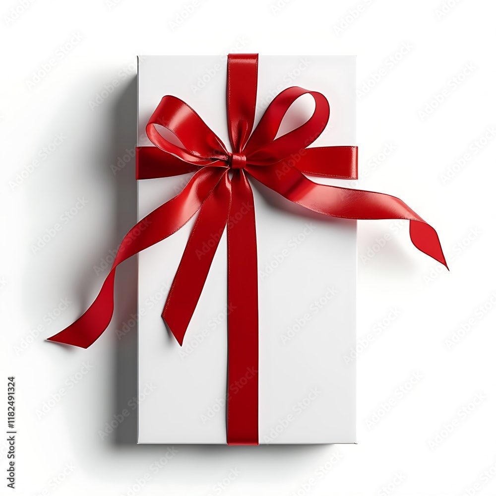 A white gift box with a red ribbon, perfect for Christmas, birthdays, or holidays, decorated with a bow and ready for a celebration A white gift box with a red ribbon, perfect for Christmas, birthdays, or holidays, decorated with a bow and ready for a celebration
