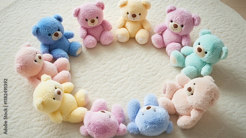 Soft pastel-colored plush toys arranged in a circle on a light cream rug Soft pastel-colored plush toys arranged in a circle on a light cream rug