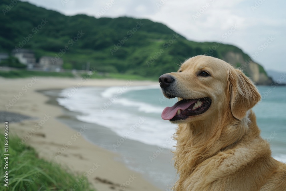 Golden Retriever, side view portrait, looking to the right of the camera, with a beach and green hillside in the background, tongue out, mouth open, happy expression, with bokeh ocean waves Generative Golden Retriever, side view portrait, looking to the right of the camera, with a beach and green hillside in the background, tongue out, mouth open, happy expression, with bokeh ocean waves Generative
