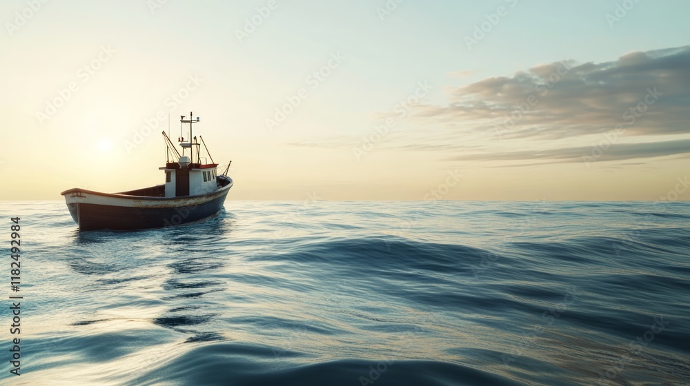 Naklejka premium Tranquil evening sea with lone fishing boat at sunset