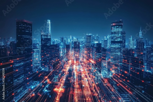 Wallpaper Mural Night cityscape; illuminated buildings, glowing lines. Torontodigital.ca