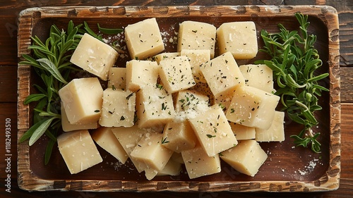 Top view diceds of hard cheeses displayed on a cheese platter with copy space image