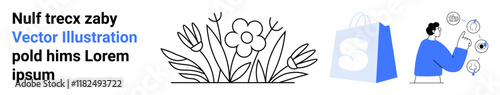 A flower plant drawing, a shopping bag symbol, and a person interacting with icons. Ideal for digital shopping, e-commerce, online interaction, botanical themes, and user interface design. Landing