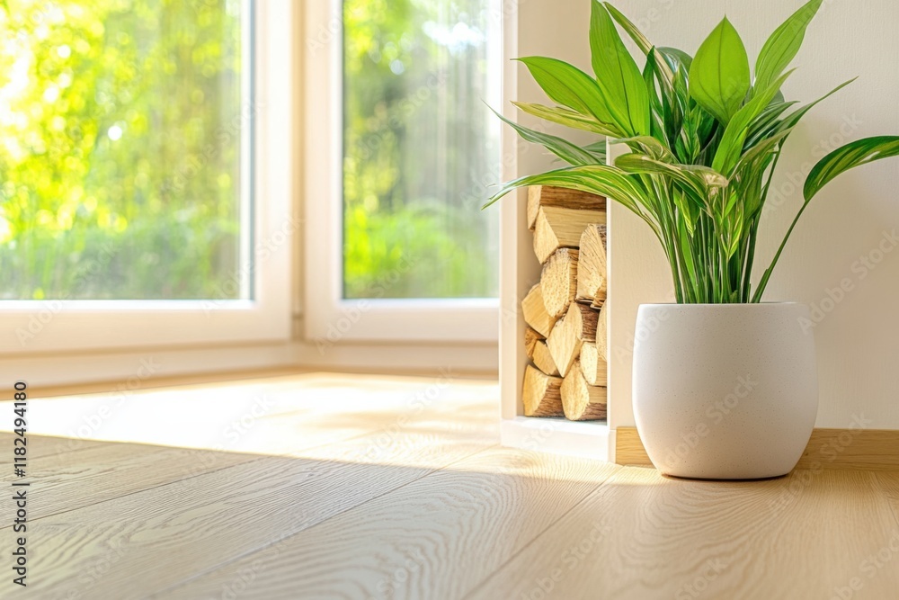 Tidy living room corner showcasing a cozy fireplace and minimalist plant arrangement illuminated by soft sunlight