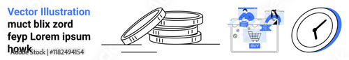 Coins stacked, people shopping on a digital device, and a clock represent concepts of digital commerce, time management, and finance. Ideal for e-commerce, finance, time efficiency, business
