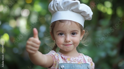 Smiling caucasian female child wearing chef hat gives thumbs up in garden