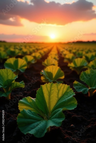 Soft sunset light casts shadows on sugar beet leaves, fields, sugar beet, beet field photo