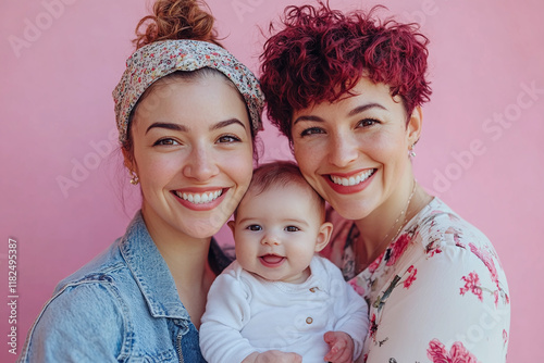 Happy lesbian couple with their little baby on pink background photo