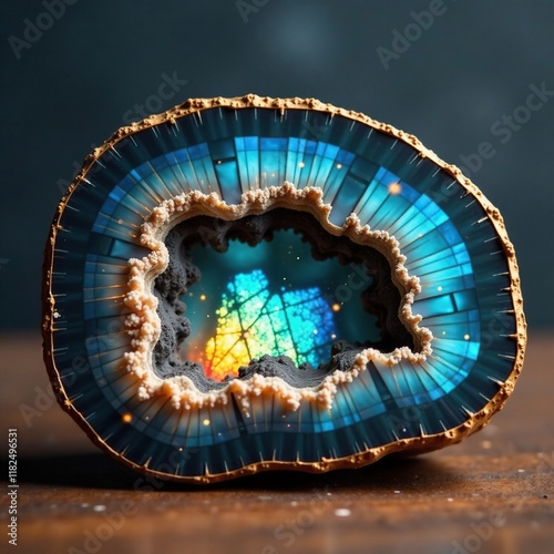 Labradorite geode with sparkling crystals inside, labradorite, glimmer, crystal photo