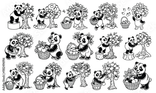 Apple Tree and Panda Coloring Page for Children, Line Drawing for Adults, Isolated on White Background, Perfect for Early Learning, Toddler Fun, and Creative Art Activities for Kids.