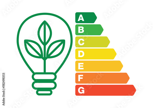 Environmental Certification Energy Classification Scale Efficiency Class Consumption with Light Bulb and Green Plant