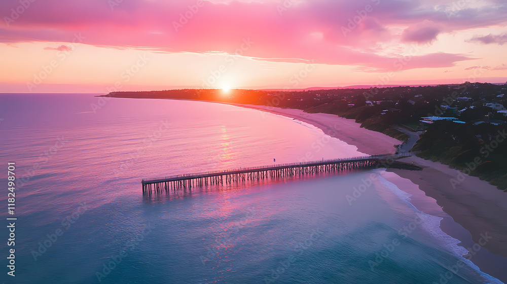 Obraz premium Aerial sunset over mornington peninsula coastline and pier in melbourne, victoria. Morningtide. Illustration