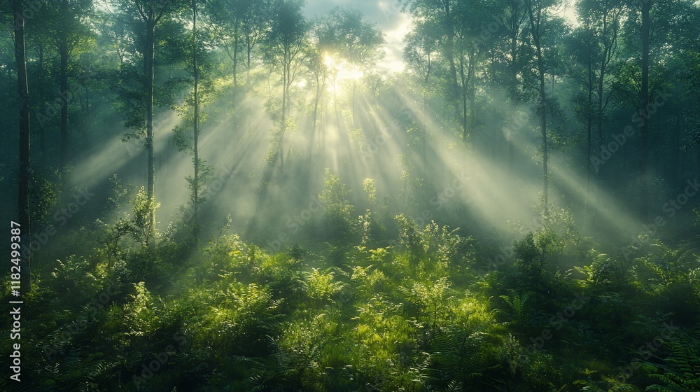 Sunbeams Illuminate a Misty Green Forest Sunbeams Illuminate a Misty Green Forest