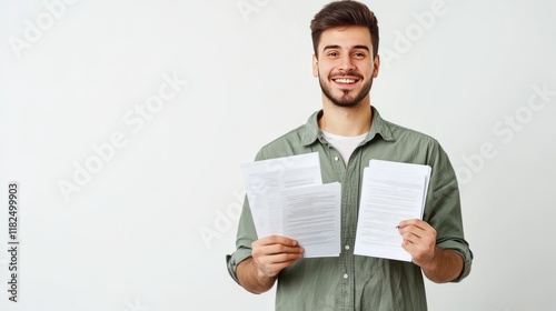 Young caucasian male holding documents with a smile on a light background