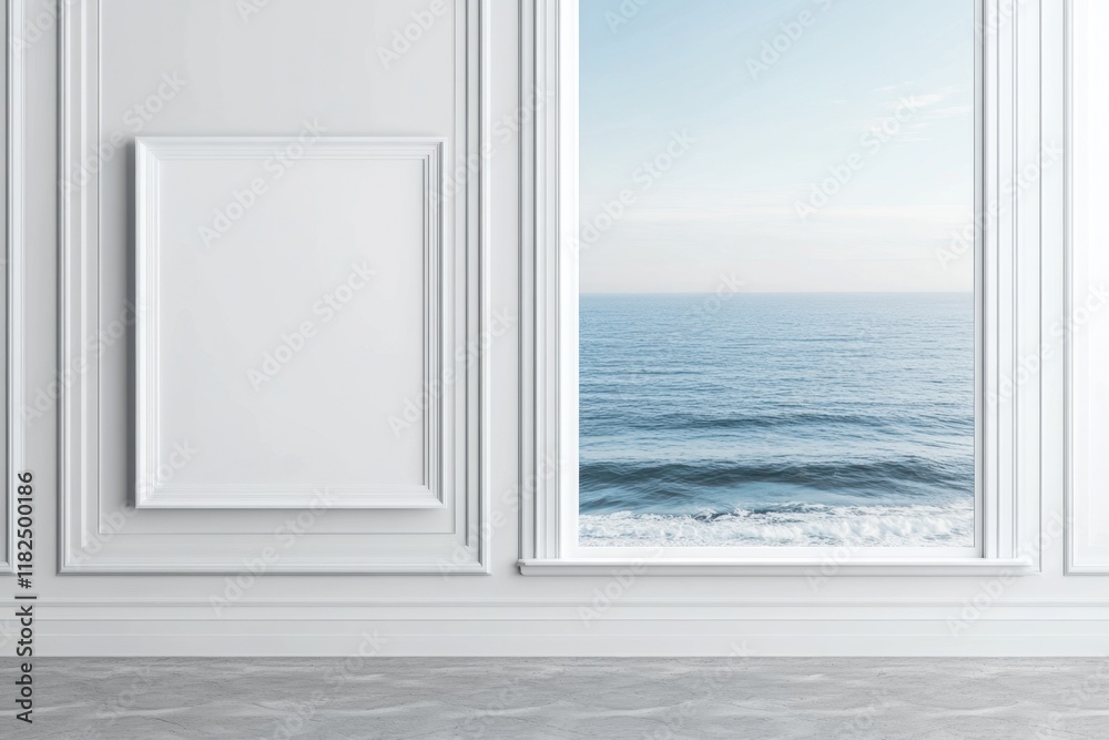 Obraz premium Seaside tranquility captured through an elegant interior window design overlooking the calm ocean waves during daylight