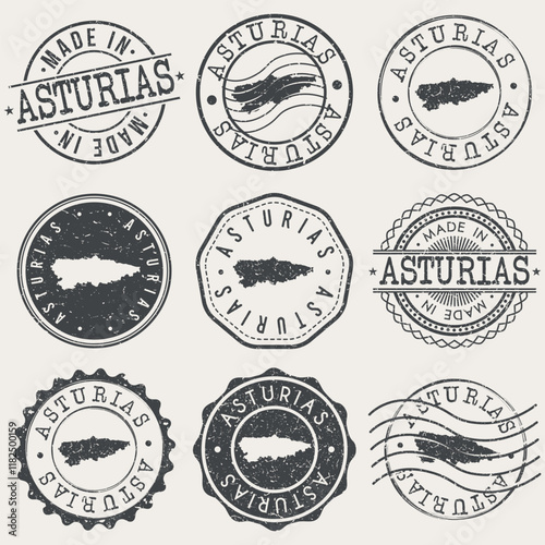 Asturias, Spain Set of Stamps. Country Travel Marks. Made In Product. Design Seals Old Style Insignia.