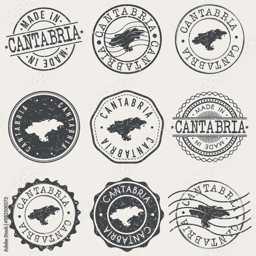 Cantabria, Spain Set of Stamps. Country Travel Marks. Made In Product. Design Seals Old Style Insignia.