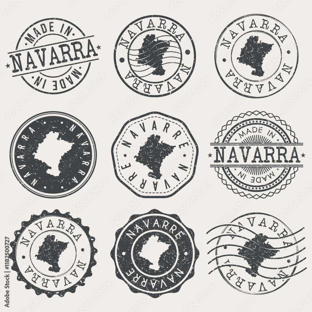Fototapeta premium Navarre, Spain Set of Stamps. Country Travel Marks. Made In Product. Design Seals Old Style Insignia.