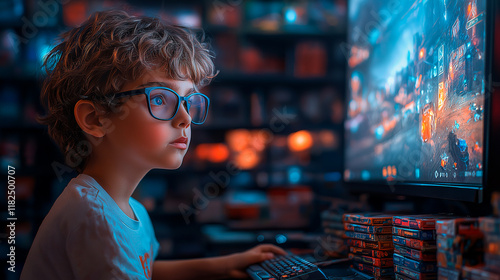 A young boy, around 10 years old, with glasses and a focused expression, playing a video game on a large TV, surrounded by stacks of game cases.