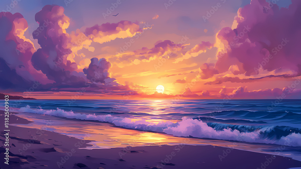 Fototapeta premium Nothing water ocean panoramic view aerial sky beautiful sunset serene clouds scene sea sunrise dusk beach horizon dawn seascape drone australian hill bay over coastlin. Morningtide. Illustration