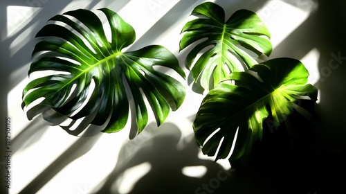 Sunlit Monstera Deliciosa Leaves Botanical Photography