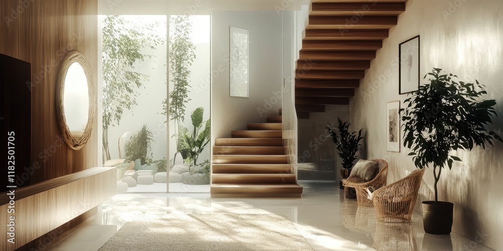 Obraz premium Modern luxurious entryway, warm wood tones, curved staircase, oval mirrors, natural light, indoor plants, minimalist design, white walls, geometric patterns, marble flooring, organic shapes, neutral c