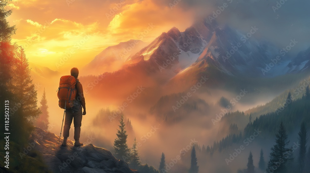 Obraz premium Hiker Overlooking Stunning Mountain Sunrise 