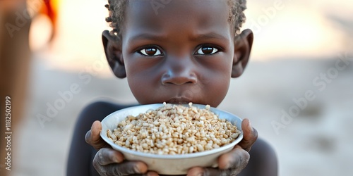 world hunger concept with starving kid getting grains