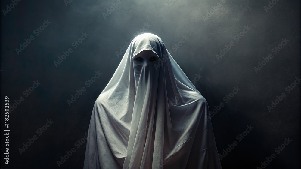 A figure draped in a flowing white cloth stands silently in a dark setting, creating an eerie atmosphere that captivates the viewer's attention and imagination A figure draped in a flowing white cloth stands silently in a dark setting, creating an eerie atmosphere that captivates the viewer's attention and imagination