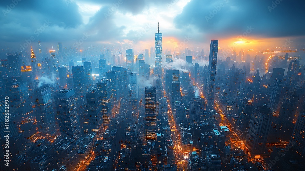 Fototapeta premium Aerial View of Manhattan Skyline at Dusk