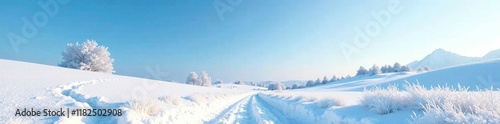 A serene and untouched snowy meadow under a blue sky, sky, frozen