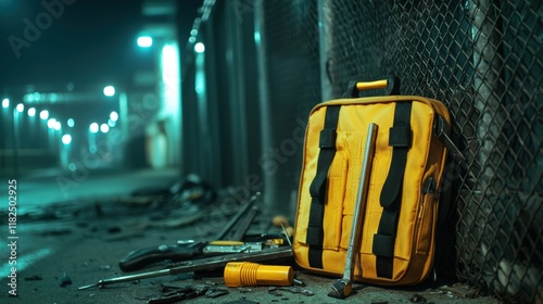 Home insurance damage and theft, A yellow tool bag lies on a dimly lit street, surrounded by scattered tools, creating an atmosphere of neglect and mystery. photo