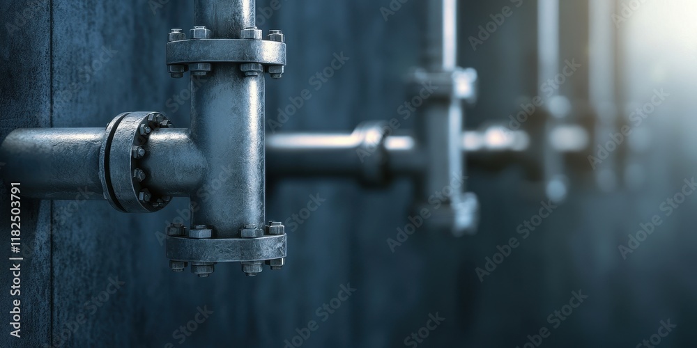 Industrial Steel Pipe Fittings on Dark Wall Surface Industrial Steel Pipe Fittings on Dark Wall Surface