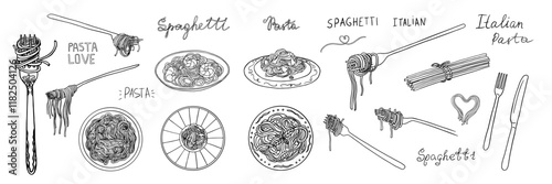 Large set of pasta, Italian cuisine, spaghetti. Fork with spaghetti. Pasta time. Pasta lover. Hand drawn. Great for menu design, banners, sites, packaging. Vector illustration EPS10 in Doodle style.