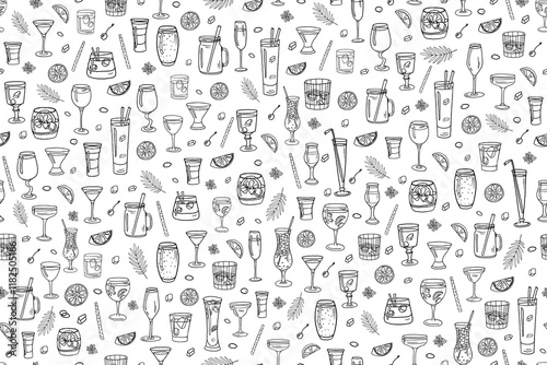 Seamless pattern with acoholic and non-acoholic cocktail, lemon slices, mint, ice cubes. Great for decoration interior, print posters, banner, menu design, packaging. Isolated on white. Doodle style