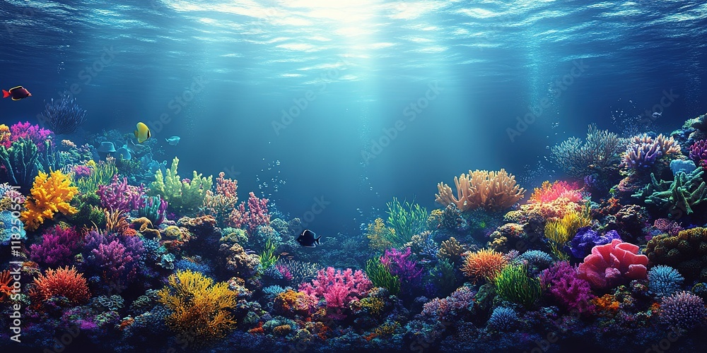 Fototapeta premium Vibrant coral reef teeming with marine life captured in clear blue waters during daylight