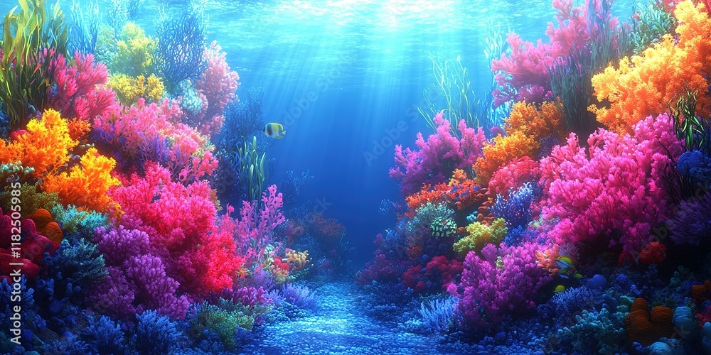 Naklejka premium Vibrant coral reef teeming with marine life under the sunlit ocean surface