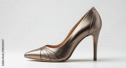 Metallic Bronze High Heel Shoe with Pointed Toe on White photo