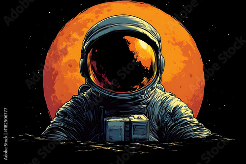 Astronaut on Alien Planet Illustration: Space Exploration, Cosmic Landscape, Orange Moon, Sci-Fi Artwork photo