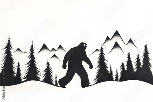 Black cartoon drawing of Bigfoot walking through the forest, wearing dark fur and glowing eyes photo