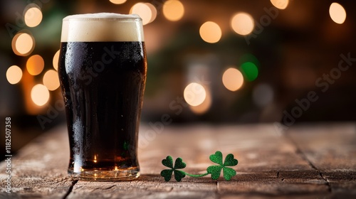 Stout beer pint with shamrocks on rustic table celebrating st. patrick’s day
