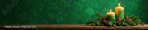 Wallpaper Mural Dark green background with festively lit candles and evergreen branches on a wooden sideboard, evergreen, Torontodigital.ca