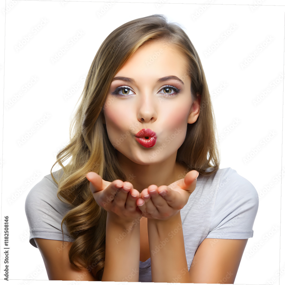 women blowing flying kiss on white background