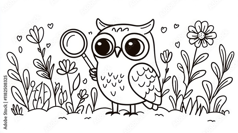Fototapeta premium whimsical owl detective holding magnifying glass in garden
