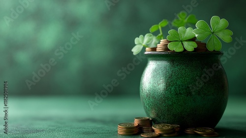 Pot of gold with shamrocks on green background photo