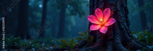 Bioluminescent flower blooms on a tree trunk at night, trunk, bioluminesence photo