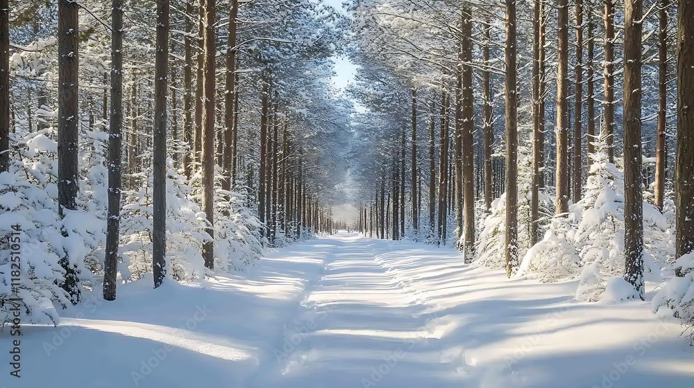 Snow Covered Pathway Through A Winter Pine Forest Snow Covered Pathway Through A Winter Pine Forest