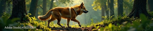 Perro huasco con lomo alto y cola larga caminando a trav?s del bosque, naturaleza, perros grandes, especies en peligro de extincion photo