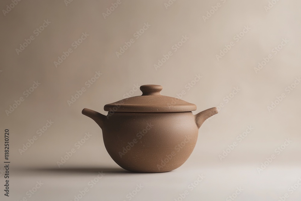 This image features a simple yet elegant brown pot with a lid, beautifully positioned against a soft, neutral backdrop, emphasizing its craftsmanship and form. This image features a simple yet elegant brown pot with a lid, beautifully positioned against a soft, neutral backdrop, emphasizing its craftsmanship and form.