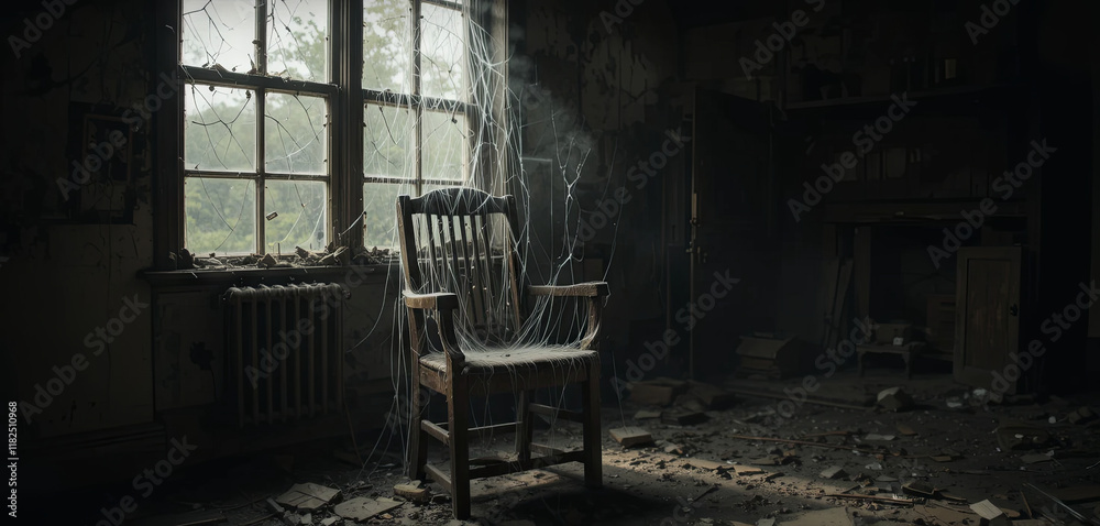 Cobwebs drape over an old wooden chair in a dimly lit room filled with dust and scattered debris. Broken windows let in muted light, enhancing the eerie atmosphere of abandonment